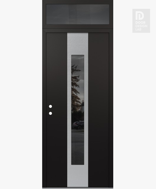 Modern Steel Front Door DIAMOND A1 36" X 96" BLACK/BLACK MIRRORED GLASS PANEL STAINLESS STEEL RHI WITH TRANSOM MIRRORED GLASS
