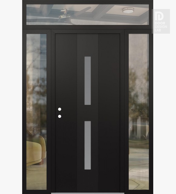 Modern Steel Front Door DIAMOND A6 60" X 96" BLACK/WHITE FROSTED GLASS PANEL BLACK RHI WITH 2 SIDELITES AND TRANSOM CLEAR GLASS