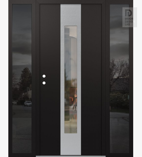 Modern Steel Front Door DIAMOND A1 68" X 80" BLACK/BLACK CLEAR GLASS PANEL STAINLESS STEEL RHI WITH 2 SIDELITES MIRRORED GLASS