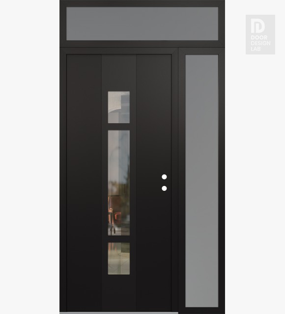 Modern Steel Front Door DIAMOND A9 48" X 96" BLACK/BLACK CLEAR GLASS PANEL BLACK LHI WITH SIDELITE AND TRANSOM FROSTED GLASS