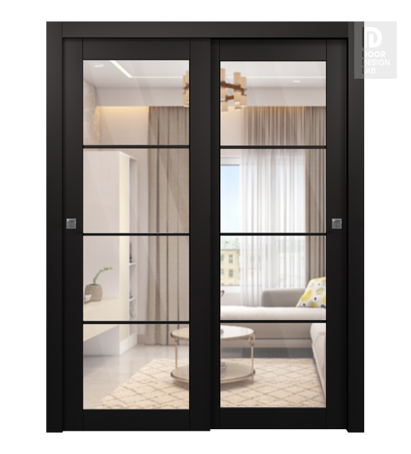 Avon 4 Lite Clear Vetro Black Matte Modern Interior Bypass Doors by Belldinni