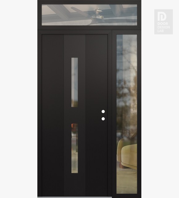 Modern Steel Front Door DIAMOND A6 52" X 96" BLACK/BLACK CLEAR GLASS PANEL BLACK LHI WITH SIDELITE AND TRANSOM CLEAR GLASS
