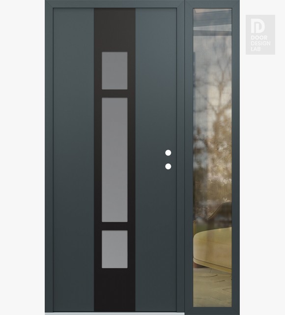 Modern Steel Front Door DIAMOND A9 48" X 80" ANTHRACITE/ANTHRACITE FROSTED GLASS PANEL BLACK LHI WITH SIDELITE CLEAR GLASS