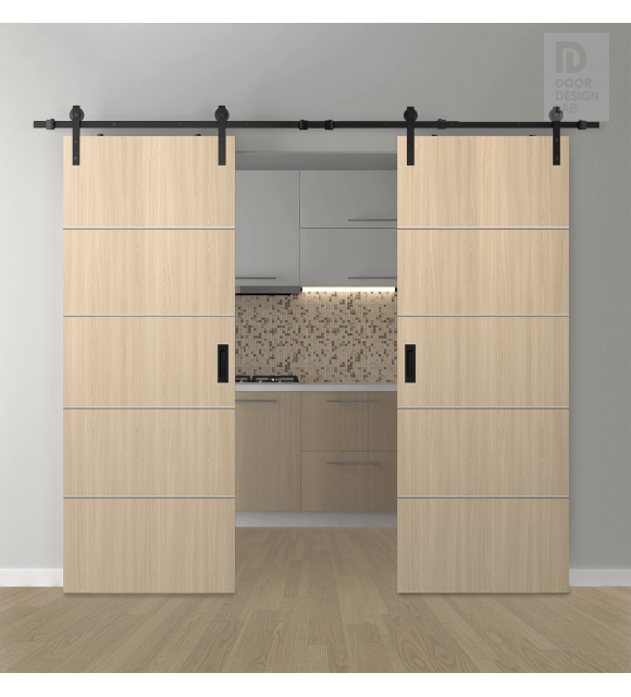 DOUBLE BARN DOOR OPTIMA 4H LOIRE ASH 64" X 80" X 1 3/4" SOLID CORE BLACK HARDWARE