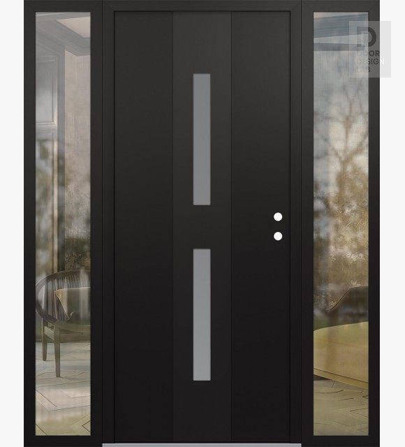 Modern Steel Front Door DIAMOND A6 64" X 80" BLACK/WHITE FROSTED GLASS PANEL BLACK LHI WITH 2 SIDELITES CLEAR GLASS