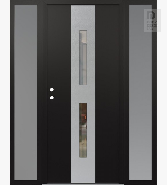 Modern Steel Front Door DIAMOND A6 68" X 80" BLACK/BLACK CLEAR GLASS PANEL STAINLESS STEEL RHI WITH 2 SIDELITES FROSTED GLASS