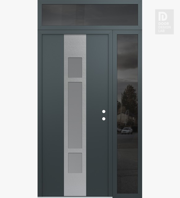 Modern Steel Front Door DIAMOND A9 48" X 96" ANTHRACITE/ANTHRACITE FROSTED GLASS PANEL STAINLESS STEEL LHI WITH SIDELITE AND TRANSOM MIRRORED GLASS