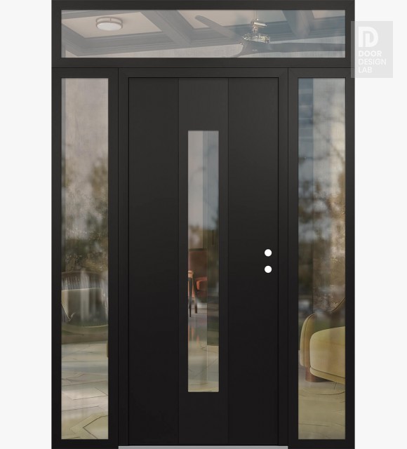 Modern Steel Front Door DIAMOND A1 68" X 96" BLACK/BLACK CLEAR GLASS PANEL BLACK LHI WITH 2 SIDELITES AND TRANSOM CLEAR GLASS