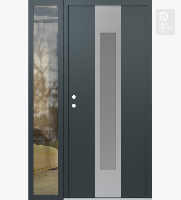 Modern Steel Front Door DIAMOND A1 50" X 80" ANTHRACITE/ANTHRACITE FROSTED GLASS PANEL STAINLESS STEEL RHI WITH SIDELITE CLEAR GLASS