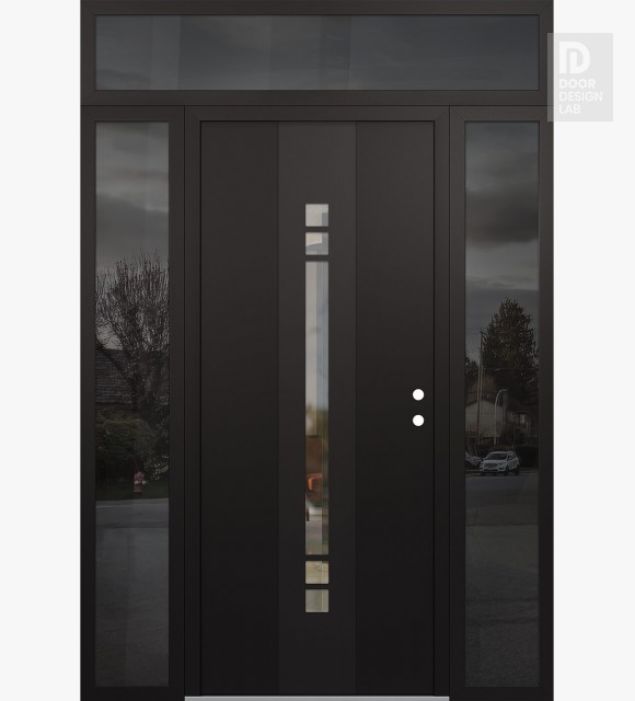 Modern Steel Front Door DIAMOND A4 60" X 96" BLACK/BLACK CLEAR GLASS PANEL BLACK LHI WITH 2 SIDELITES AND TRANSOM MIRRORED GLASS