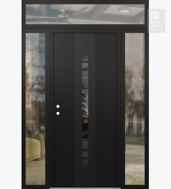Modern Steel Front Door DIAMOND A4 64" X 96" BLACK/BLACK MIRRORED GLASS PANEL BLACK RHI WITH 2 SIDELITES AND TRANSOM CLEAR GLASS