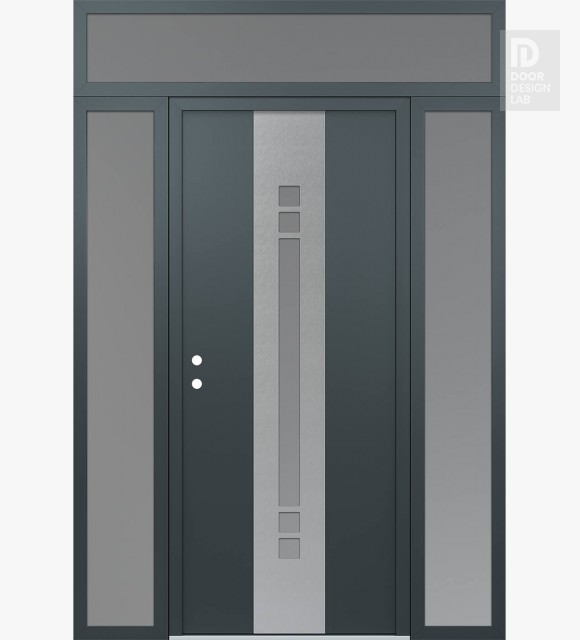 Modern Steel Front Door DIAMOND A4 64" X 96" ANTHRACITE/ANTHRACITE FROSTED GLASS PANEL STAINLESS STEEL RHI WITH 2 SIDELITES AND TRANSOM FROSTED GLASS