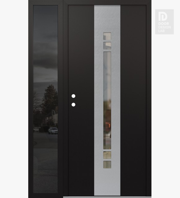 Modern Steel Front Door DIAMOND A4 48" X 80" BLACK/BLACK CLEAR GLASS PANEL STAINLESS STEEL RHI WITH SIDELITE MIRRORED GLASS