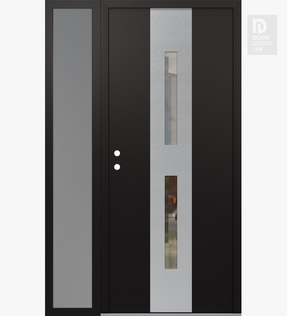 Modern Steel Front Door DIAMOND A6 50" X 80" BLACK/BLACK CLEAR GLASS PANEL STAINLESS STEEL RHI WITH SIDELITE FROSTED GLASS