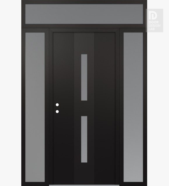 Modern Steel Front Door DIAMOND A6 60" X 96" BLACK/WHITE FROSTED GLASS PANEL BLACK RHI WITH 2 SIDELITES AND TRANSOM FROSTED GLASS
