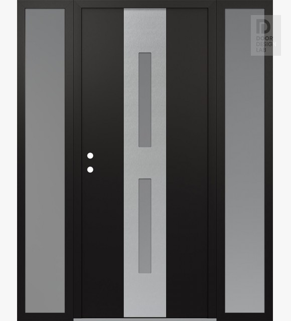 Modern Steel Front Door DIAMOND A6 60" X 80" BLACK/WHITE FROSTED GLASS PANEL STAINLESS STEEL RHI WITH 2 SIDELITES FROSTED GLASS