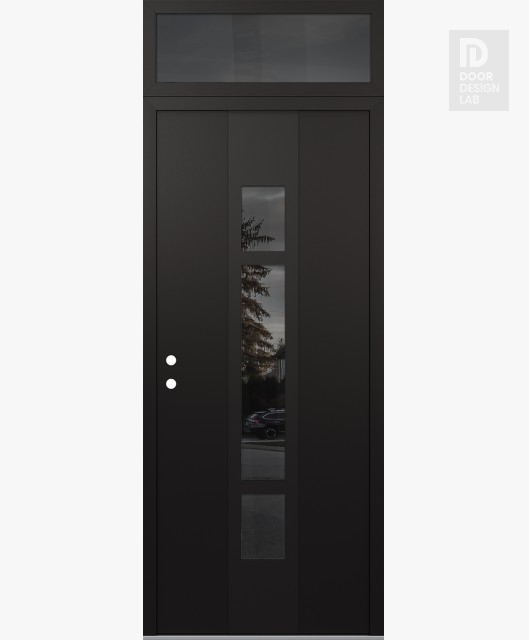 Modern Steel Front Door DIAMOND A9 36" X 96" BLACK/BLACK MIRRORED GLASS PANEL BLACK RHI WITH TRANSOM MIRRORED GLASS