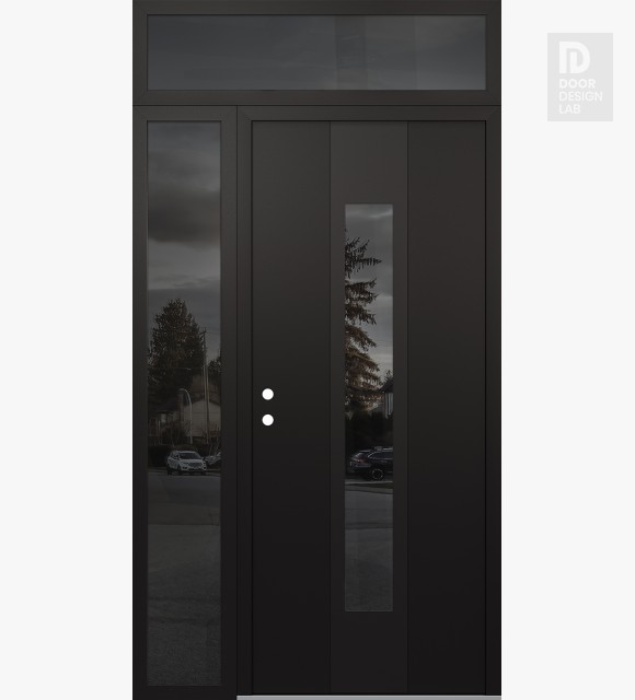 Modern Steel Front Door DIAMOND A1 50" X 96" BLACK/BLACK MIRRORED GLASS PANEL BLACK RHI WITH SIDELITE AND TRANSOM MIRRORED GLASS