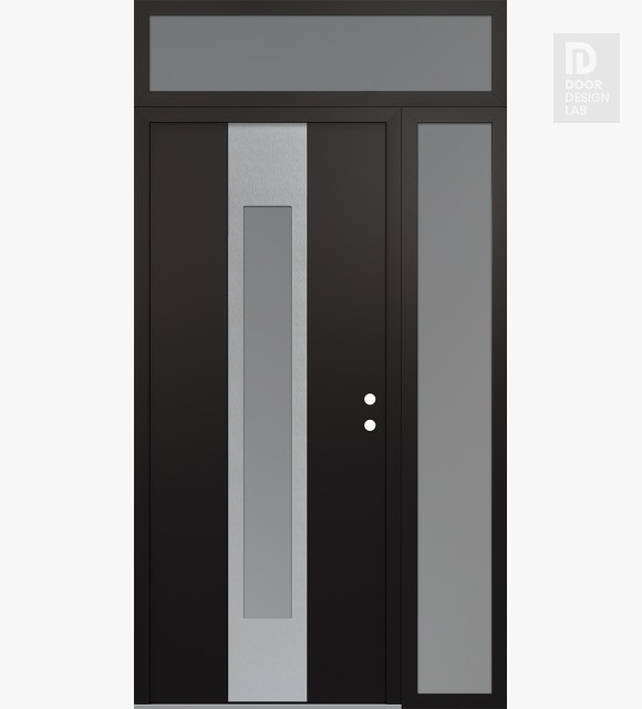 Modern Steel Front Door DIAMOND A1 50" X 96" BLACK/WHITE FROSTED GLASS PANEL STAINLESS STEEL LHI WITH SIDELITE AND TRANSOM FROSTED GLASS