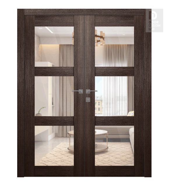 Avon 3 Lite Clear Vetro Veralinga Oak Modern Interior Double Swing Doors by Belldinni