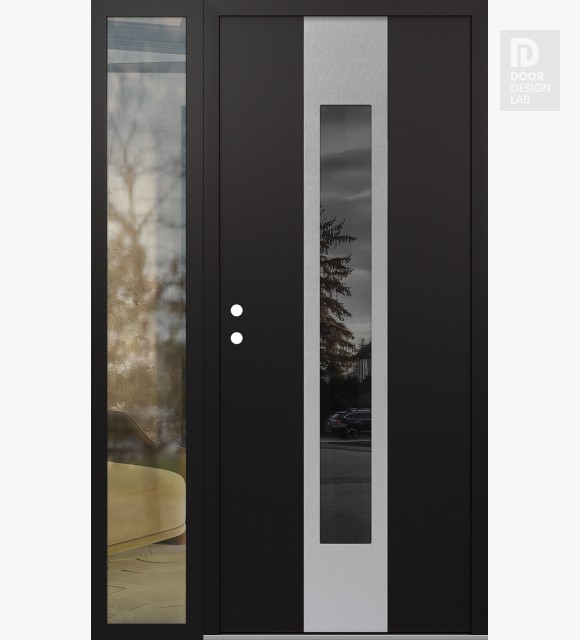 Modern Steel Front Door DIAMOND A1 48" X 80" BLACK/BLACK MIRRORED GLASS PANEL STAINLESS STEEL RHI WITH SIDELITE CLEAR GLASS