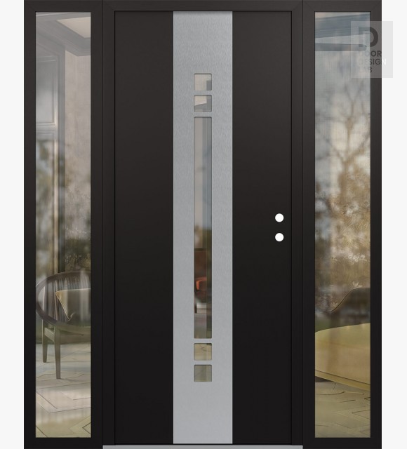 Modern Steel Front Door DIAMOND A4 64" X 80" BLACK/BLACK CLEAR GLASS PANEL STAINLESS STEEL LHI WITH 2 SIDELITES CLEAR GLASS