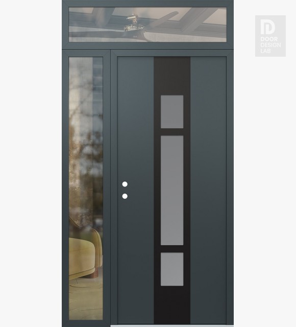 Modern Steel Front Door DIAMOND A9 48" X 96" ANTHRACITE/ANTHRACITE FROSTED GLASS PANEL BLACK RHI WITH SIDELITE AND TRANSOM CLEAR GLASS