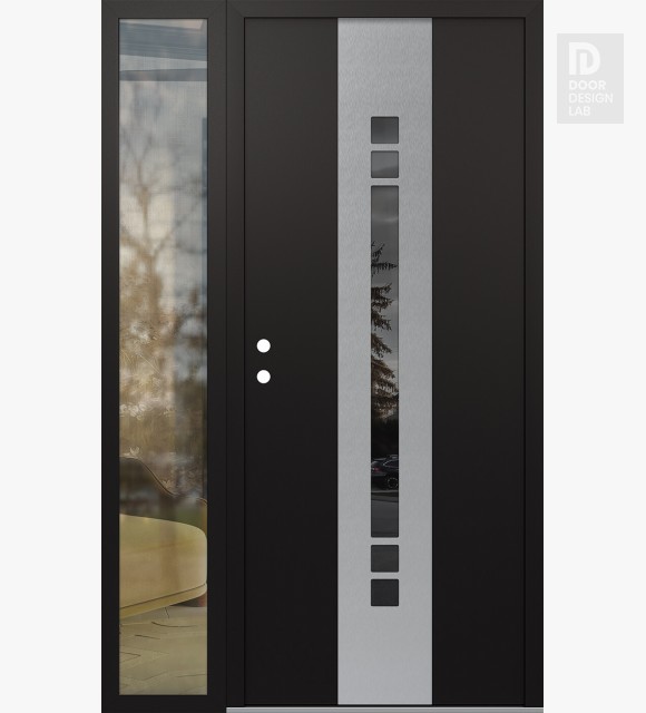 Modern Steel Front Door DIAMOND A4 50" X 80" BLACK/BLACK MIRRORED GLASS PANEL STAINLESS STEEL RHI WITH SIDELITE CLEAR GLASS
