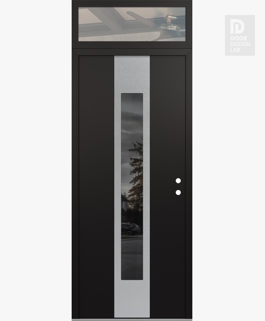 Modern Steel Front Door DIAMOND A1 36" X 96" BLACK/BLACK MIRRORED GLASS PANEL STAINLESS STEEL LHI WITH TRANSOM CLEAR GLASS