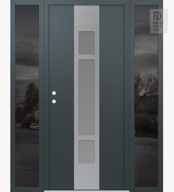 Modern Steel Front Door DIAMOND A9 64" X 80" ANTHRACITE/ANTHRACITE FROSTED GLASS PANEL STAINLESS STEEL RHI WITH 2 SIDELITES MIRRORED GLASS