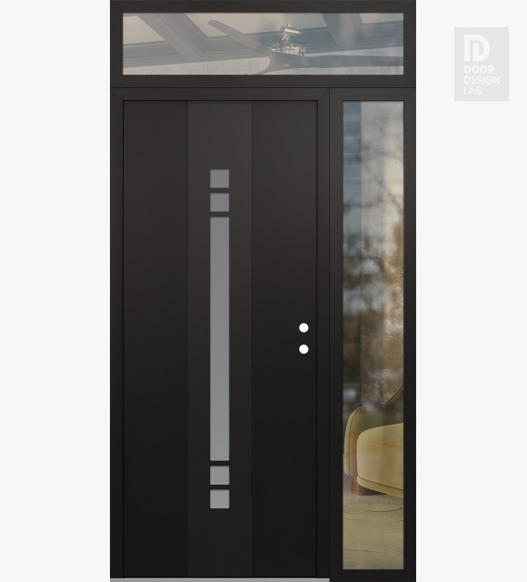 Modern Steel Front Door DIAMOND A4 48" X 96" BLACK/WHITE FROSTED GLASS PANEL BLACK LHI WITH SIDELITE AND TRANSOM CLEAR GLASS
