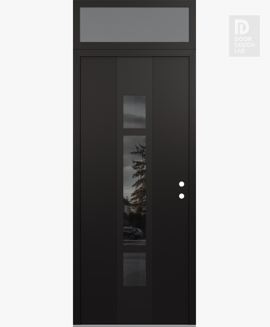 Modern Steel Front Door DIAMOND A9 36" X 96" BLACK/BLACK MIRRORED GLASS PANEL BLACK LHI WITH TRANSOM FROSTED GLASS