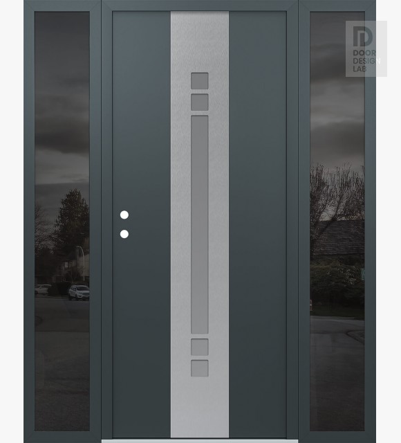 Modern Steel Front Door DIAMOND A4 64" X 80" ANTHRACITE/ANTHRACITE FROSTED GLASS PANEL STAINLESS STEEL RHI WITH 2 SIDELITES MIRRORED GLASS