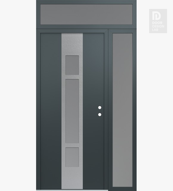 Modern Steel Front Door DIAMOND A9 50" X 96" ANTHRACITE/ANTHRACITE FROSTED GLASS PANEL STAINLESS STEEL LHI WITH SIDELITE AND TRANSOM FROSTED GLASS