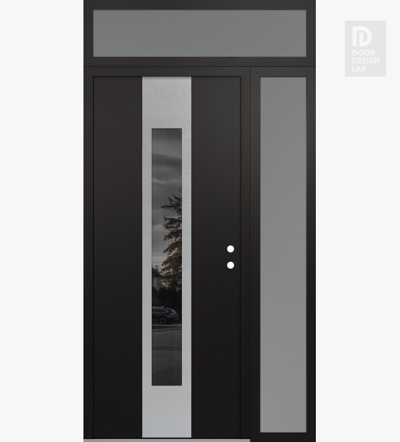 Modern Steel Front Door DIAMOND A1 50" X 96" BLACK/BLACK MIRRORED GLASS PANEL STAINLESS STEEL LHI WITH SIDELITE AND TRANSOM FROSTED GLASS