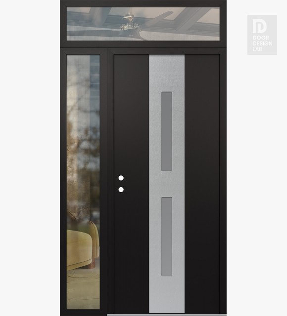 Modern Steel Front Door DIAMOND A6 52" X 96" BLACK/WHITE FROSTED GLASS PANEL STAINLESS STEEL RHI WITH SIDELITE AND TRANSOM CLEAR GLASS