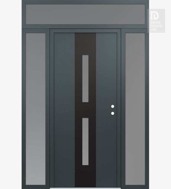 Modern Steel Front Door DIAMOND A6 64" X 96" ANTHRACITE/ANTHRACITE FROSTED GLASS PANEL BLACK LHI WITH 2 SIDELITES AND TRANSOM FROSTED GLASS