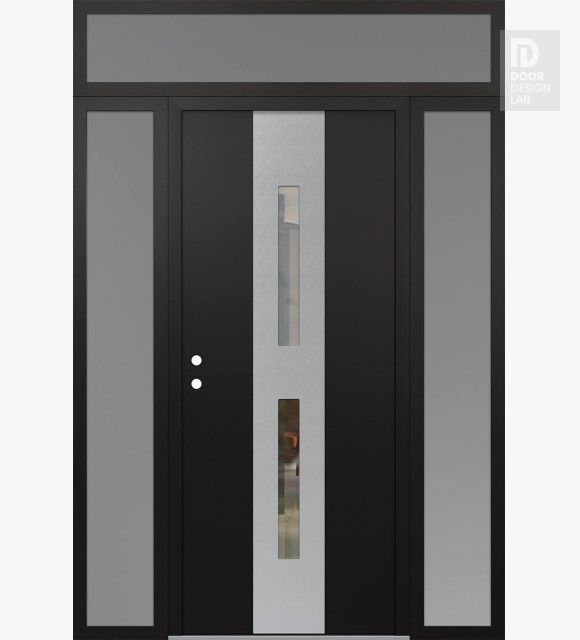 Modern Steel Front Door DIAMOND A6 64" X 96" BLACK/BLACK CLEAR GLASS PANEL STAINLESS STEEL RHI WITH 2 SIDELITES AND TRANSOM FROSTED GLASS