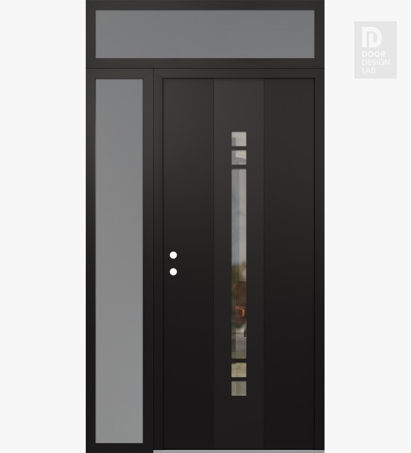 Modern Steel Front Door DIAMOND A4 50" X 96" BLACK/BLACK CLEAR GLASS PANEL BLACK RHI WITH SIDELITE AND TRANSOM FROSTED GLASS