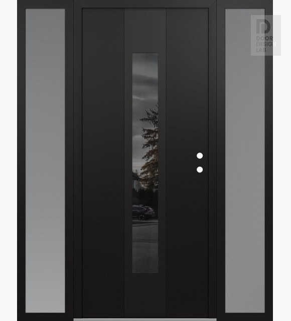 Modern Steel Front Door DIAMOND A1 68" X 80" BLACK/BLACK MIRRORED GLASS PANEL BLACK LHI WITH 2 SIDELITES FROSTED GLASS