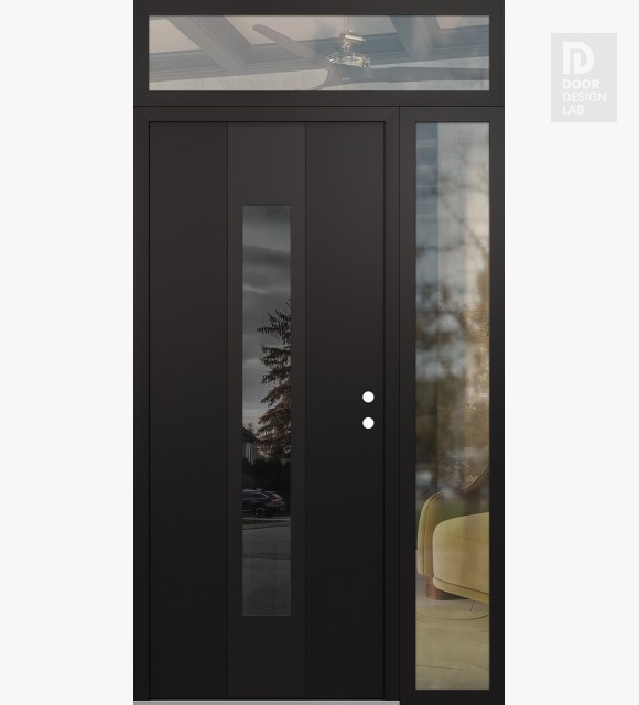 Modern Steel Front Door DIAMOND A1 50" X 96" BLACK/BLACK MIRRORED GLASS PANEL BLACK LHI WITH SIDELITE AND TRANSOM CLEAR GLASS