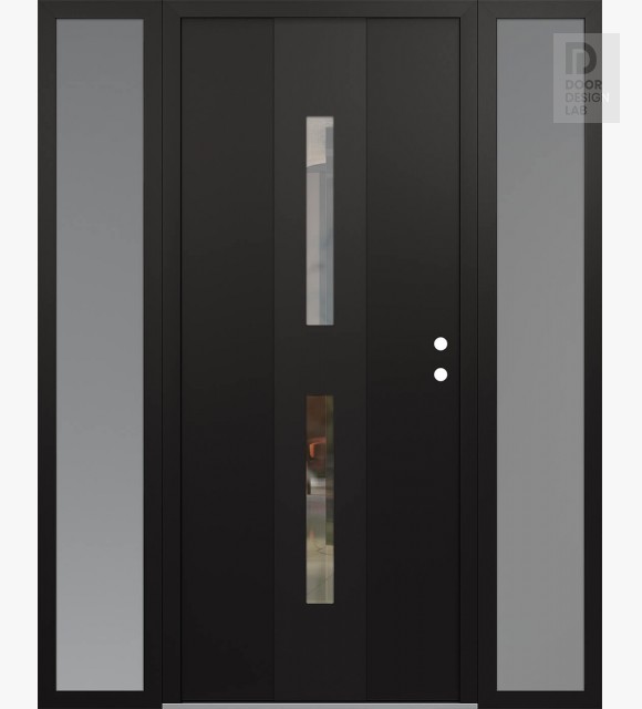 Modern Steel Front Door DIAMOND A6 60" X 80" BLACK/BLACK CLEAR GLASS PANEL BLACK LHI WITH 2 SIDELITES FROSTED GLASS