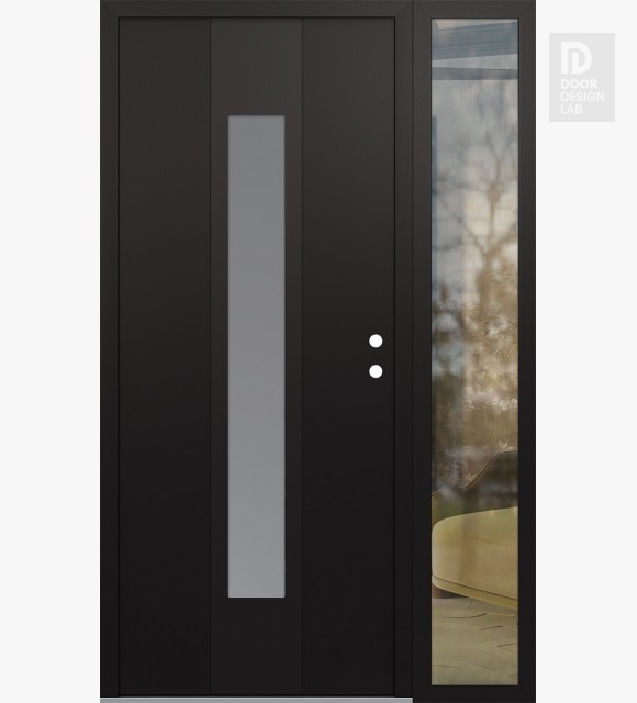 Modern Steel Front Door DIAMOND A1 52" X 80" BLACK/WHITE FROSTED GLASS PANEL BLACK LHI WITH SIDELITE CLEAR GLASS