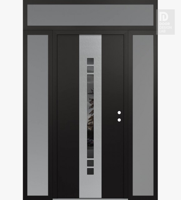Modern Steel Front Door DIAMOND A4 68" X 96" BLACK/BLACK MIRRORED GLASS PANEL STAINLESS STEEL LHI WITH 2 SIDELITES AND TRANSOM FROSTED GLASS