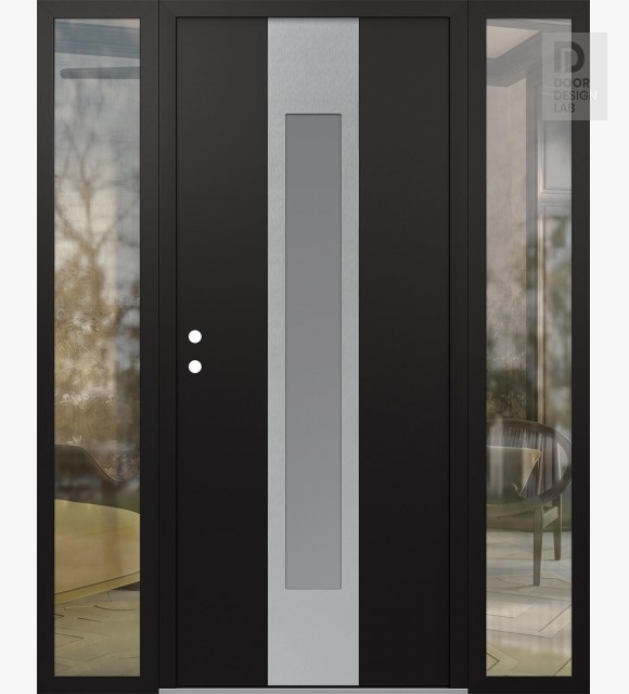 Modern Steel Front Door DIAMOND A1 60" X 80" BLACK/WHITE FROSTED GLASS PANEL STAINLESS STEEL RHI WITH 2 SIDELITES CLEAR GLASS