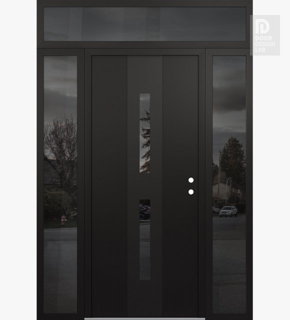 Modern Steel Front Door DIAMOND A6 64" X 96" BLACK/BLACK MIRRORED GLASS PANEL BLACK LHI WITH 2 SIDELITES AND TRANSOM MIRRORED GLASS