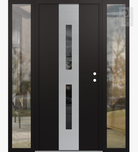Modern Steel Front Door DIAMOND A6 60" X 80" BLACK/BLACK MIRRORED GLASS PANEL STAINLESS STEEL LHI WITH 2 SIDELITES CLEAR GLASS