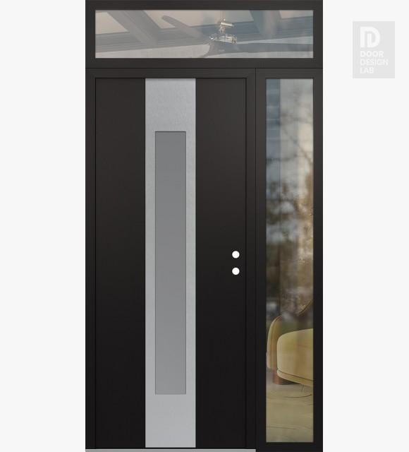 Modern Steel Front Door DIAMOND A1 50" X 96" BLACK/WHITE FROSTED GLASS PANEL STAINLESS STEEL LHI WITH SIDELITE AND TRANSOM CLEAR GLASS