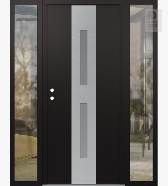 Modern Steel Front Door DIAMOND A6 68" X 80" BLACK/WHITE FROSTED GLASS PANEL STAINLESS STEEL RHI WITH 2 SIDELITES CLEAR GLASS