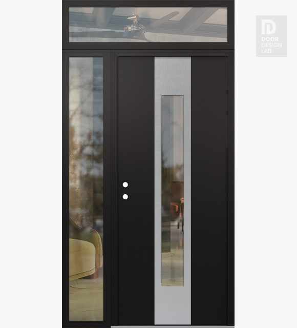 Modern Steel Front Door DIAMOND A1 52" X 96" BLACK/BLACK CLEAR GLASS PANEL STAINLESS STEEL RHI WITH SIDELITE AND TRANSOM CLEAR GLASS